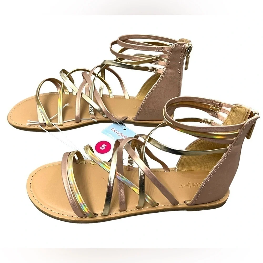 Cat & Jack Girls Metallic Rose Gold Dion Zipper Ankle Strap Sandals - Size 5